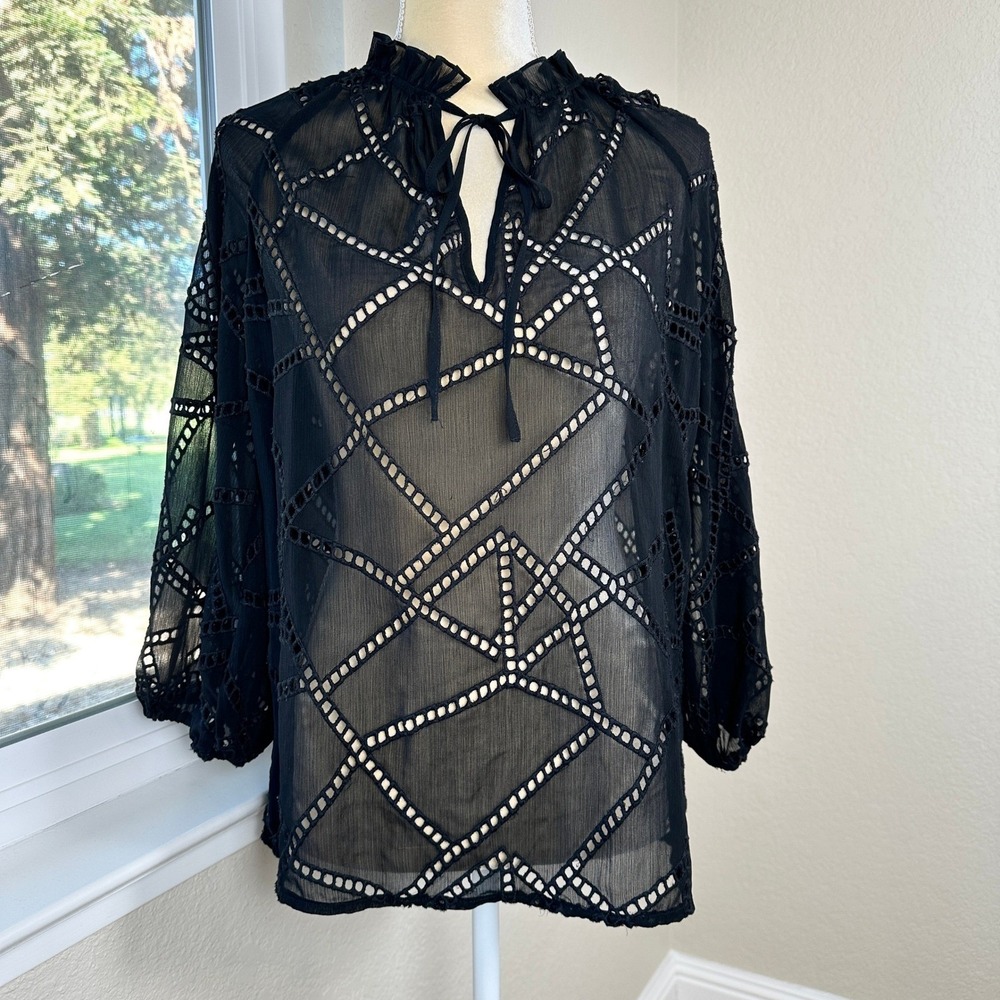 Caballero Anthropologie‎ Amala Eyelet Sheer Blouse Top Womens S 3/4 Sleeve Boho